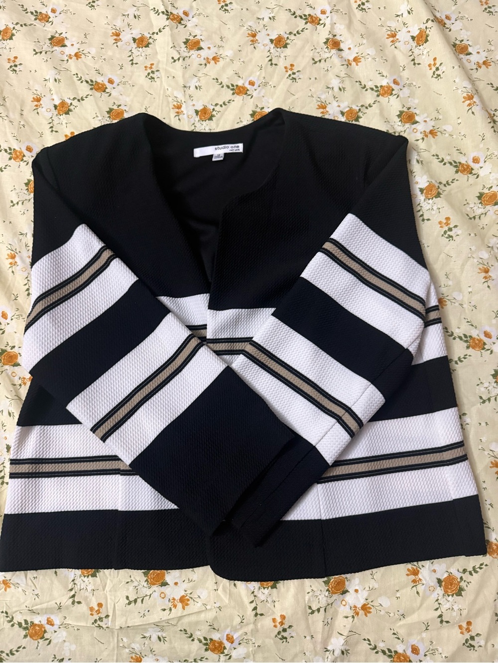 Studio One Black & White Striped Open-Front Cardigan with Tan Trim